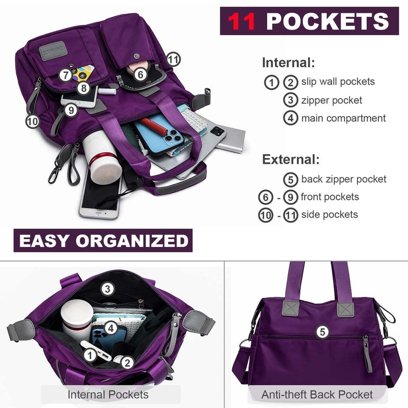 YouNuo Women Nylon Tote with Multiple Pockets & Zipper, Work Nursing Bag, Large Shoulder Handbag, Waterproof Galaxy Cross body Purse for Travel (Pure Purple) - Image 5